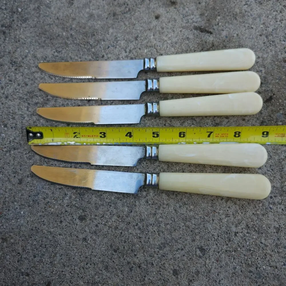 5 Pc Faux Mother Of Pearl Handle Dinner Steak Knives Stainless China Cream Lot